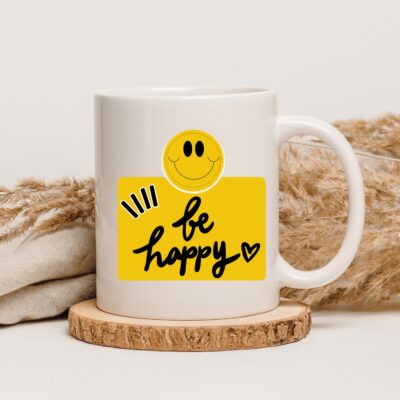 Cana personalizata Be Happy — cadou motivational pentru colegi si prieteni