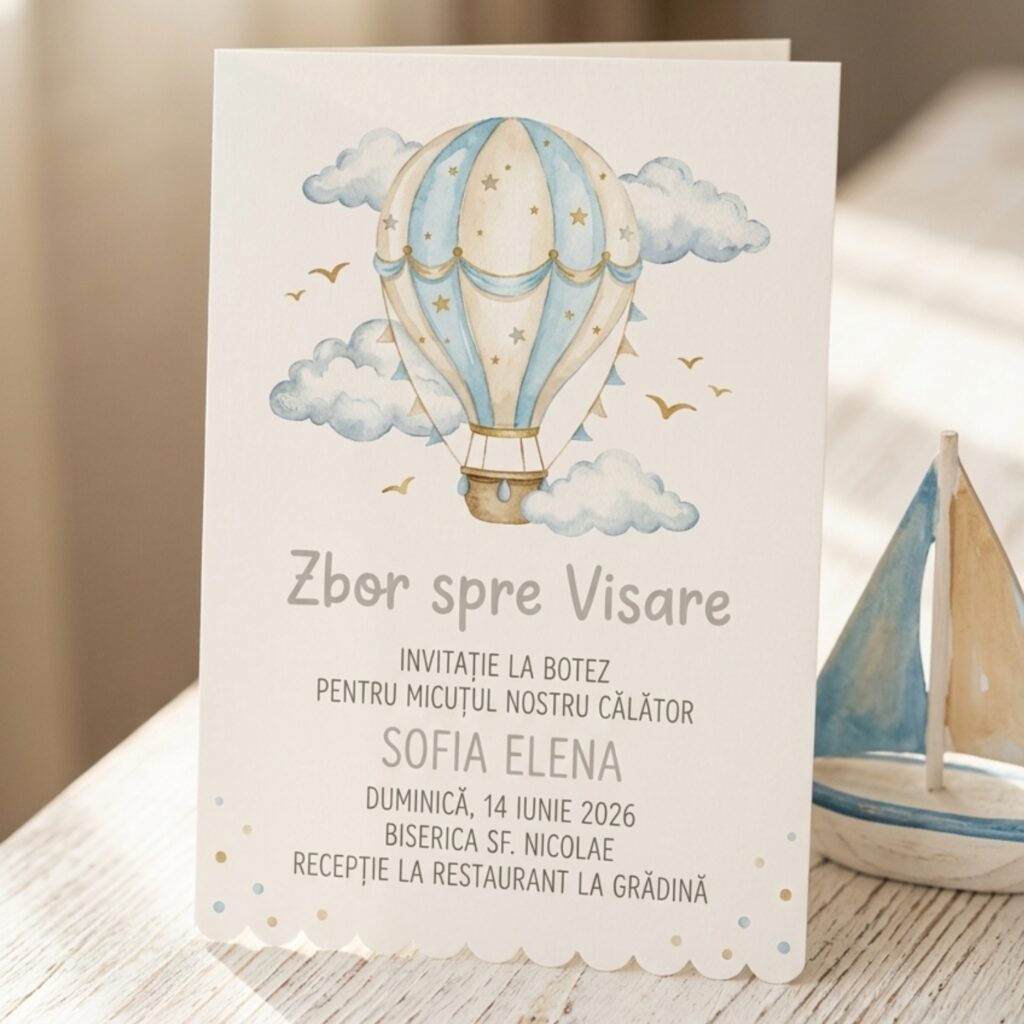 Invitatie botez Zbor Spre Visare — design balon cu aer cald, personalizata pentru copii
