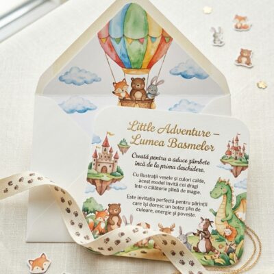 Invitatie botez Little Adventures — design aventura cu animale, personalizata pentru copii