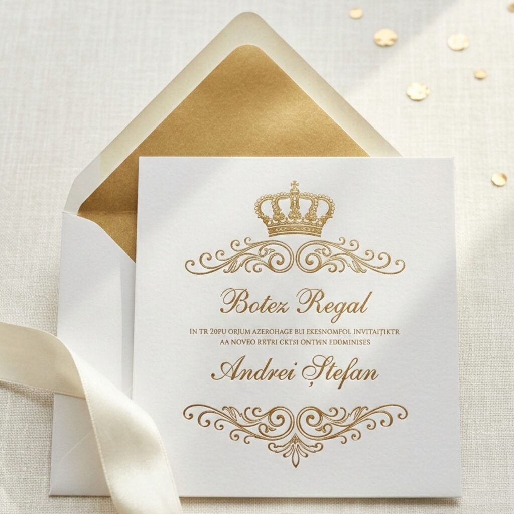 Invitatie botez Belle Royale — design regal auriu pentru fetite, personalizata