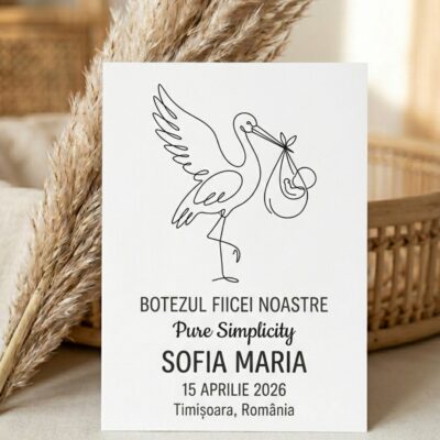 Invitatie botez cu barza — design clasic personalizat cu numele si data botezului