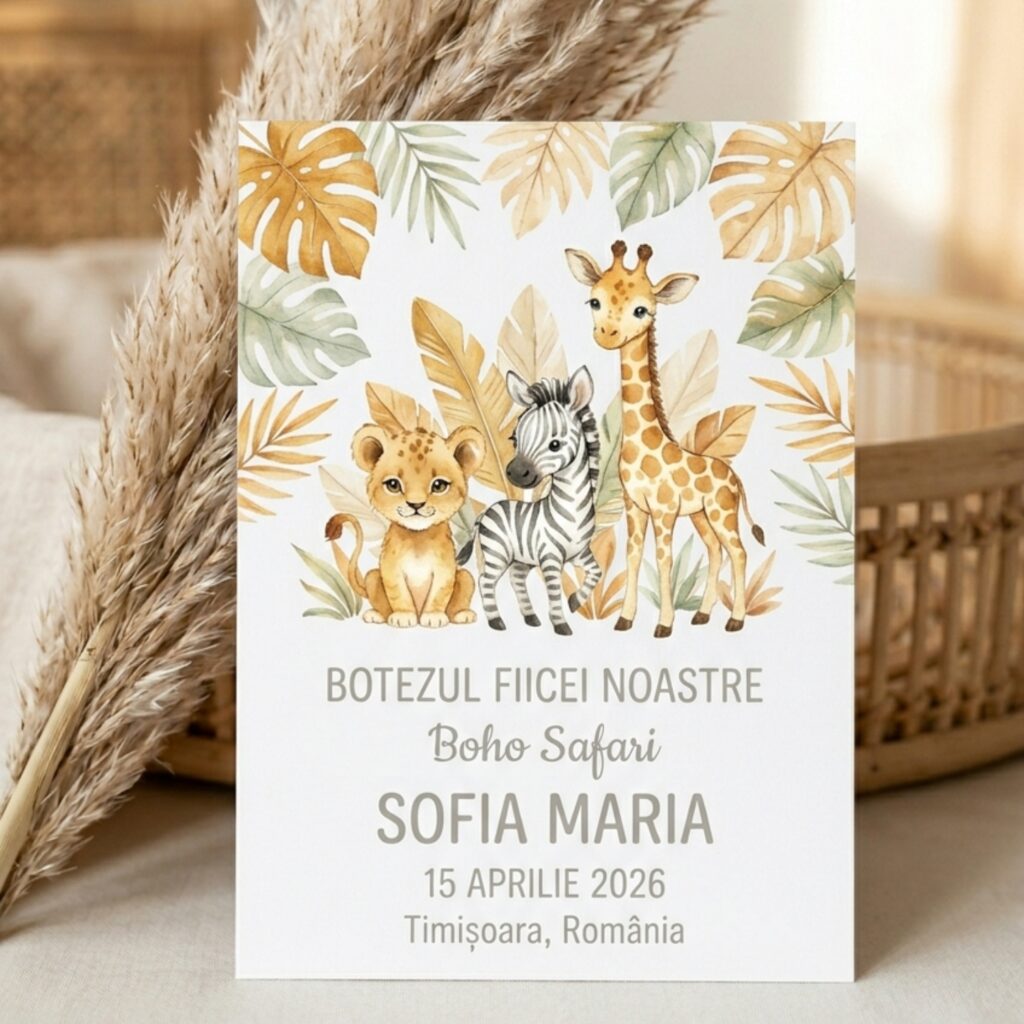 Invitatie botez Safari — design jungle cu animale, personalizata pentru baietei sau fetite