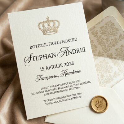 Invitatie botez Royal Elegant — design regal personalizat cu numele copilului