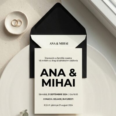 Invitatie nunta Midnight Bold — design indraznet fond negru, personalizata modern