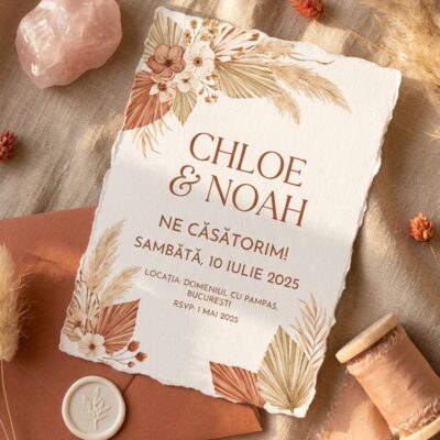 Invitatie nunta Desert Dream — design boho desert, personalizata cu datele voastre