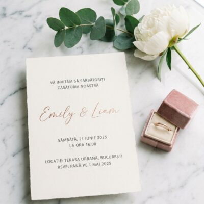 Invitatie nunta Marble Muse — design marmura elegant, personalizata cu datele nuntii