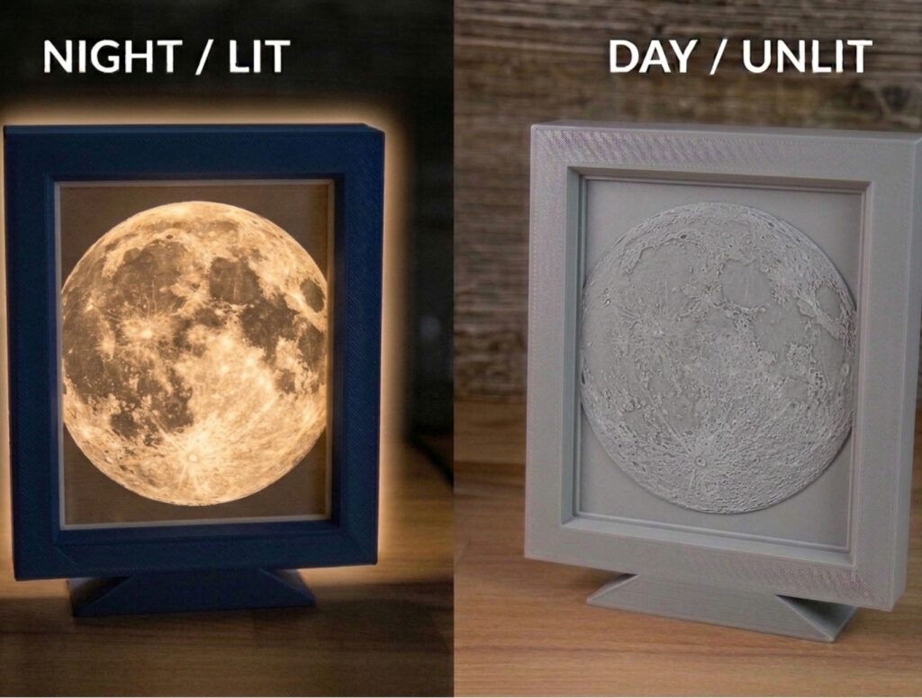Litofanie personalizata cu luna si universul — cadou cosmic imprimat 3D