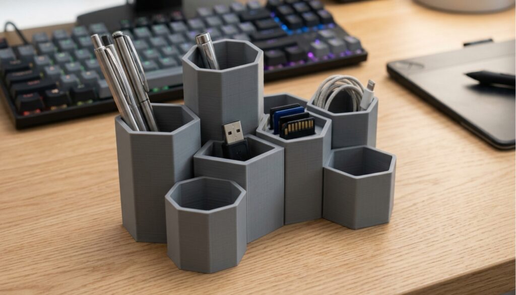 Organizator multifunctional imprimat 3D — accesoriu birou pentru pixuri, carduri si accesorii