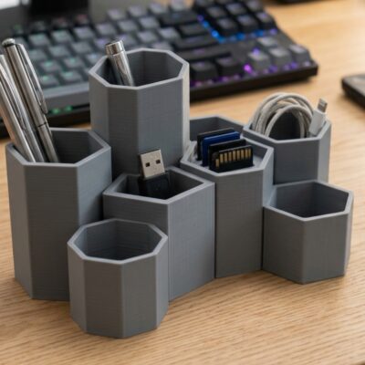 Organizator multifunctional imprimat 3D — accesoriu birou pentru pixuri, carduri si accesorii